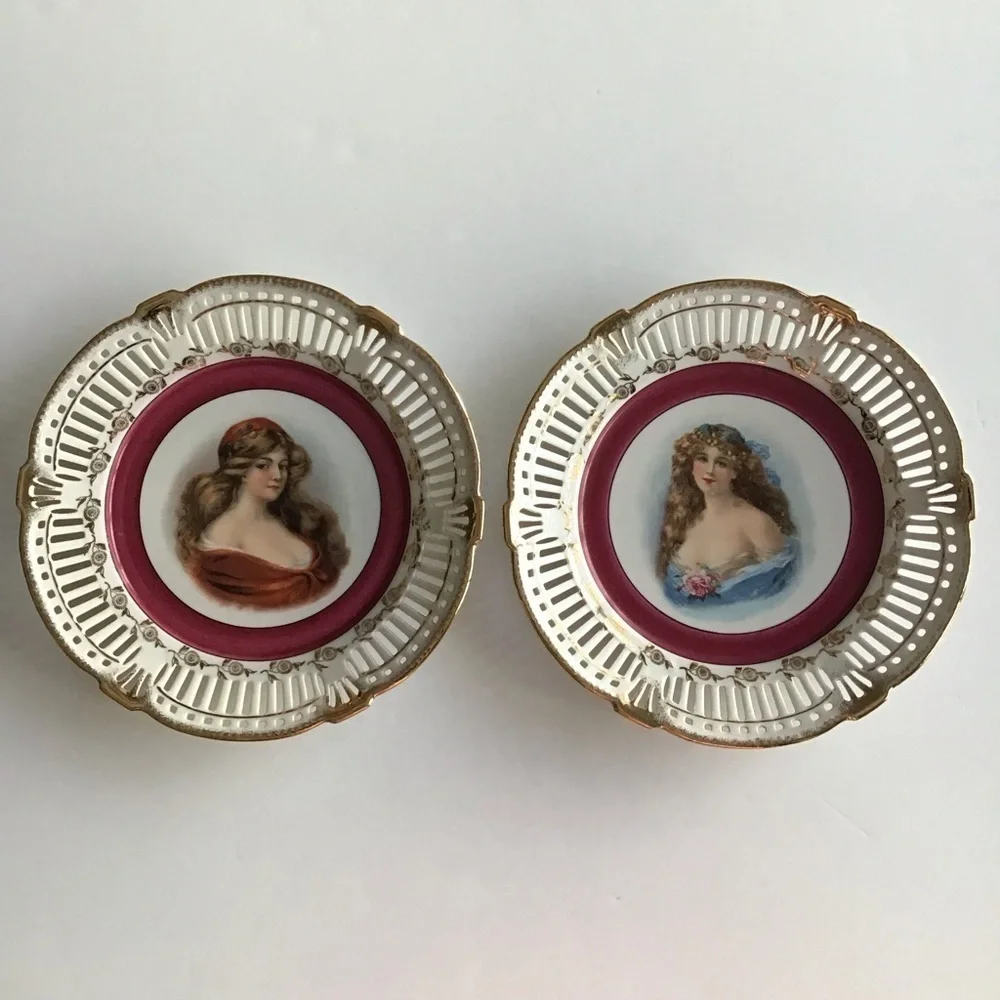 PAIR Portrait Plate Reticulated Maidens Paul's Gifts FRP & Co NY Germany Vintage